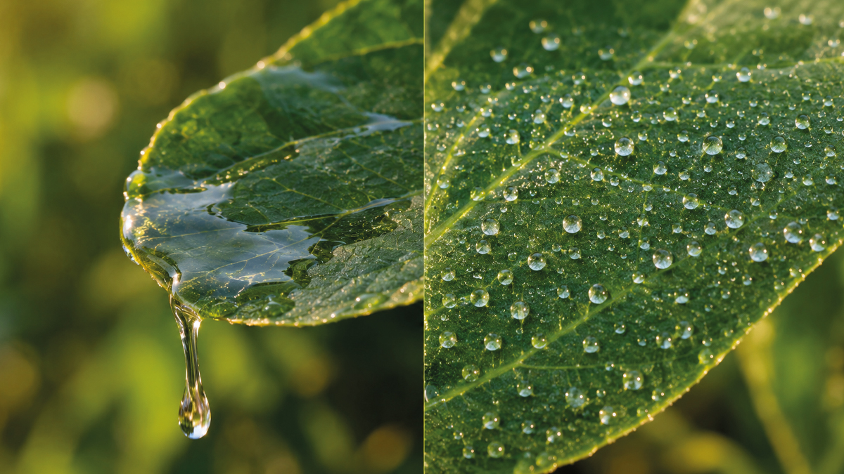Comparação entre gota escorrendo e gota bem distribuída sobre a folha