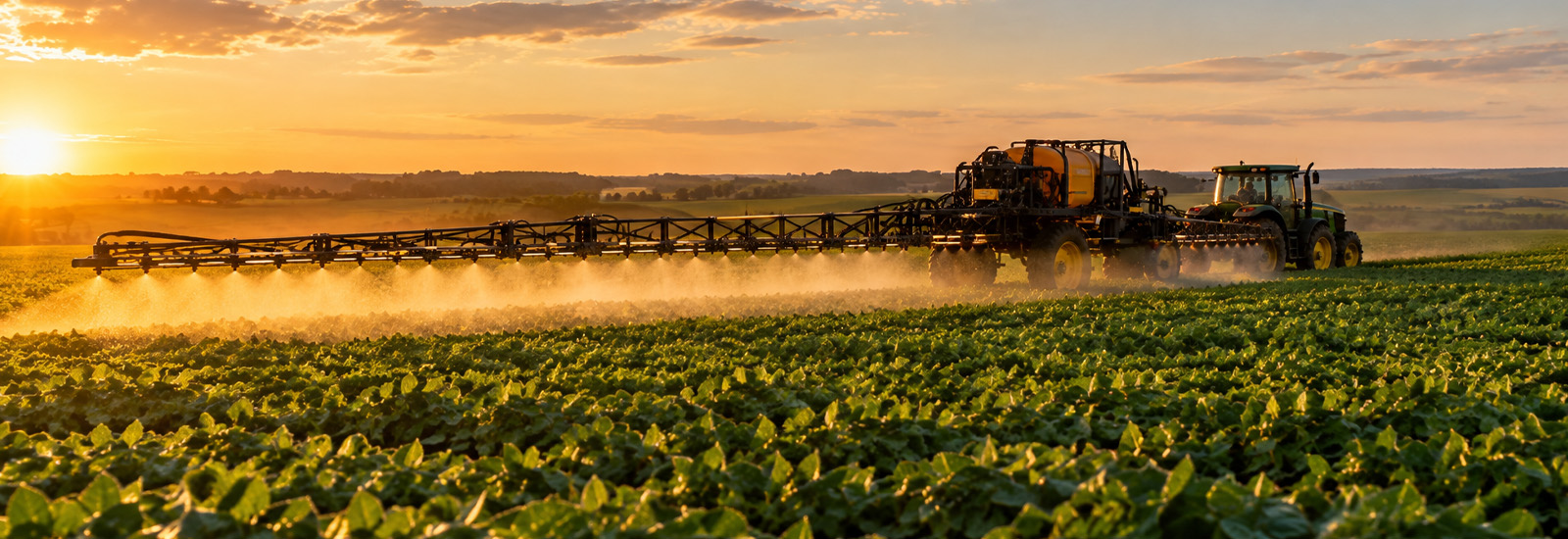 Barra de pulverizador agrícola aplicando defensivo sobre a lavoura